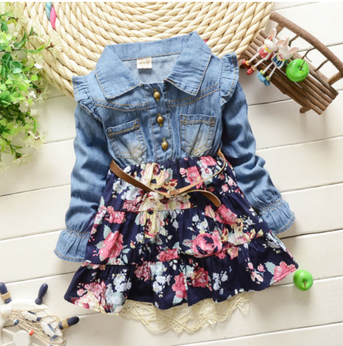 Princess Floral Belted Denim Dress