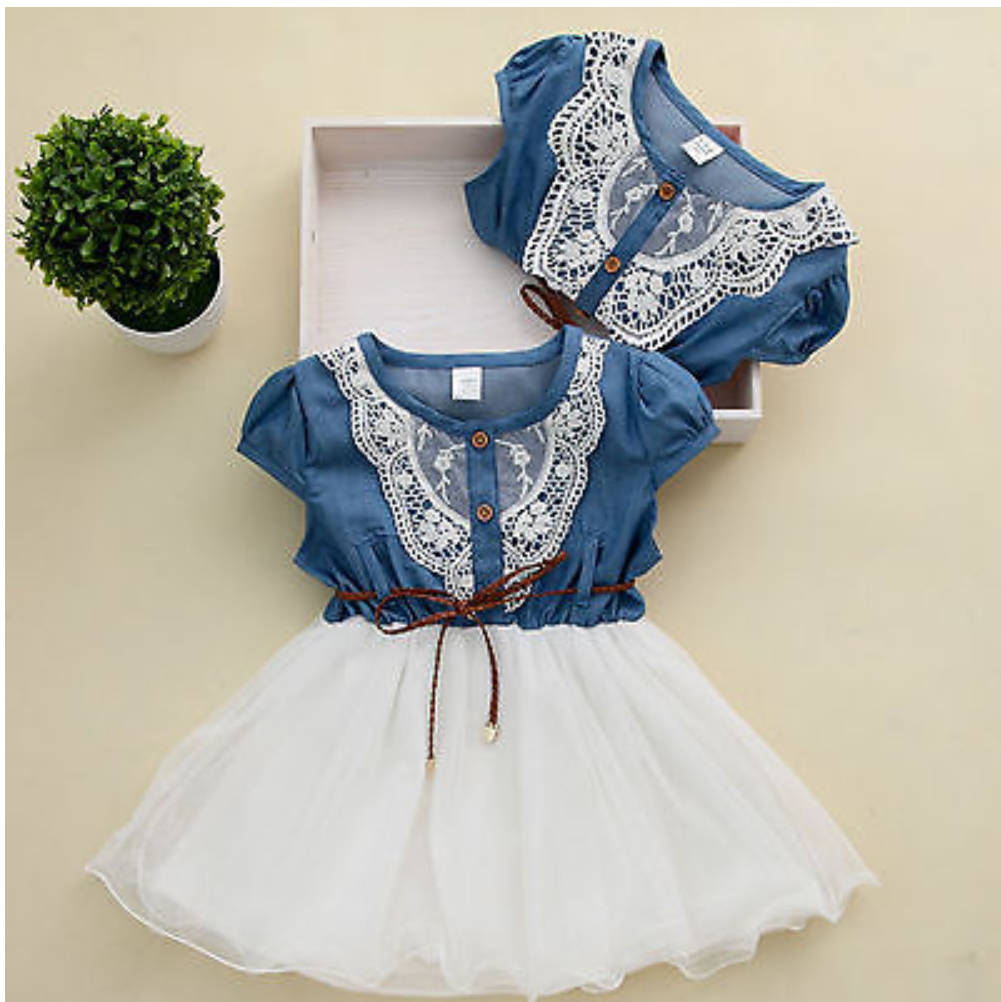 Princess Lace Belt Denim and Tulle Dress