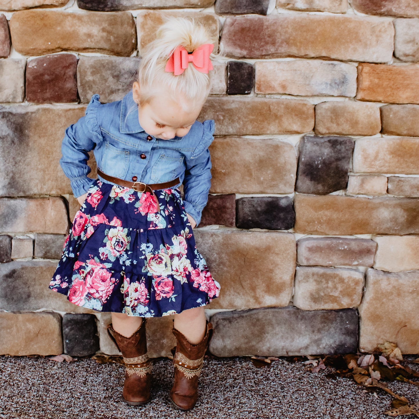 Princess Floral Belted Denim Dress