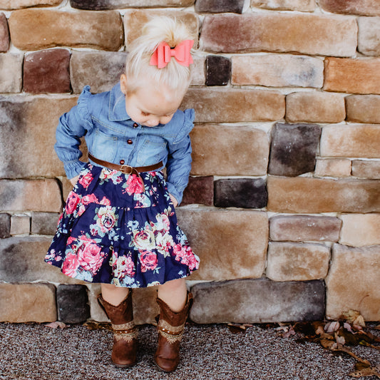 Princess Floral Belted Denim Dress