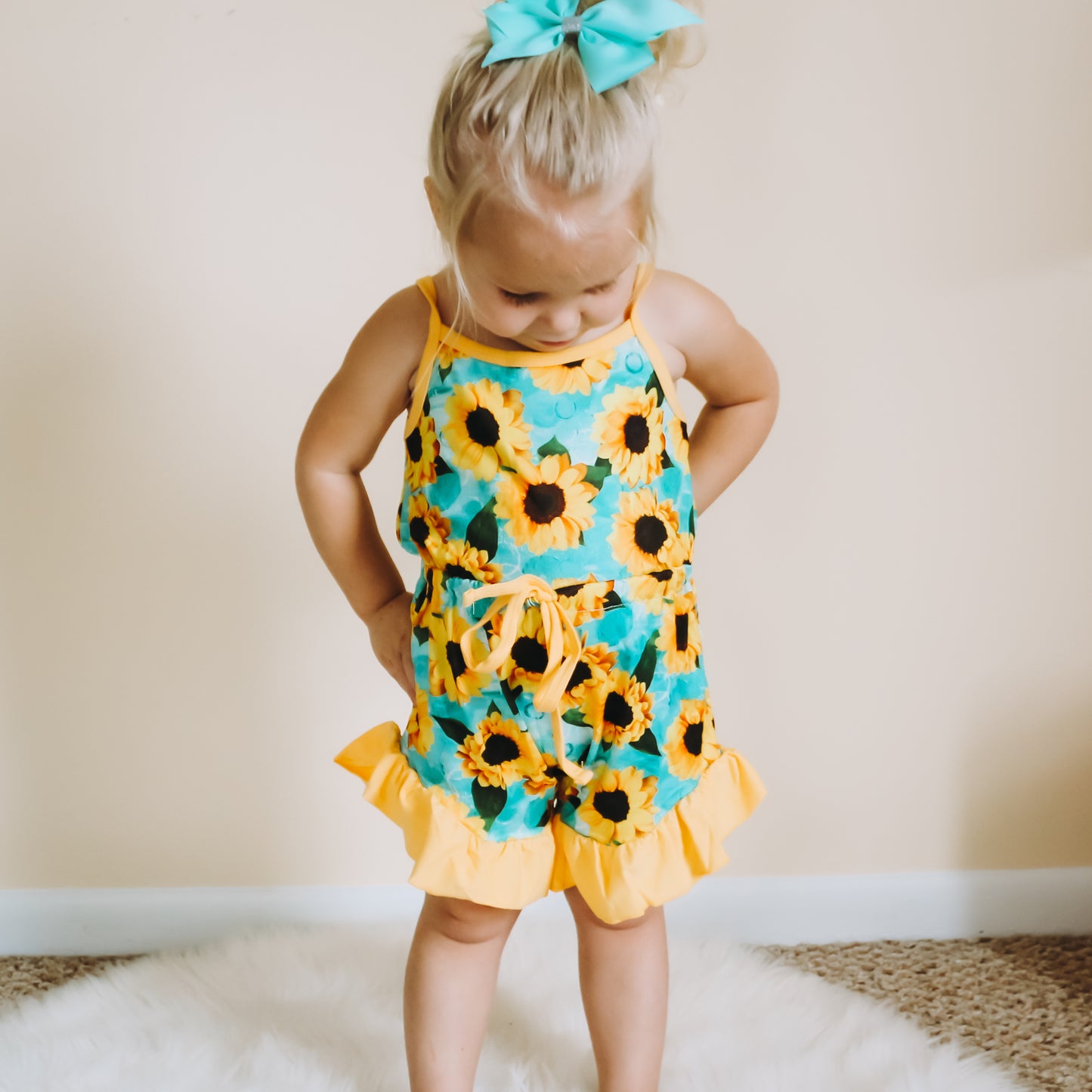 Mint and Sunflower Ruffle Romper