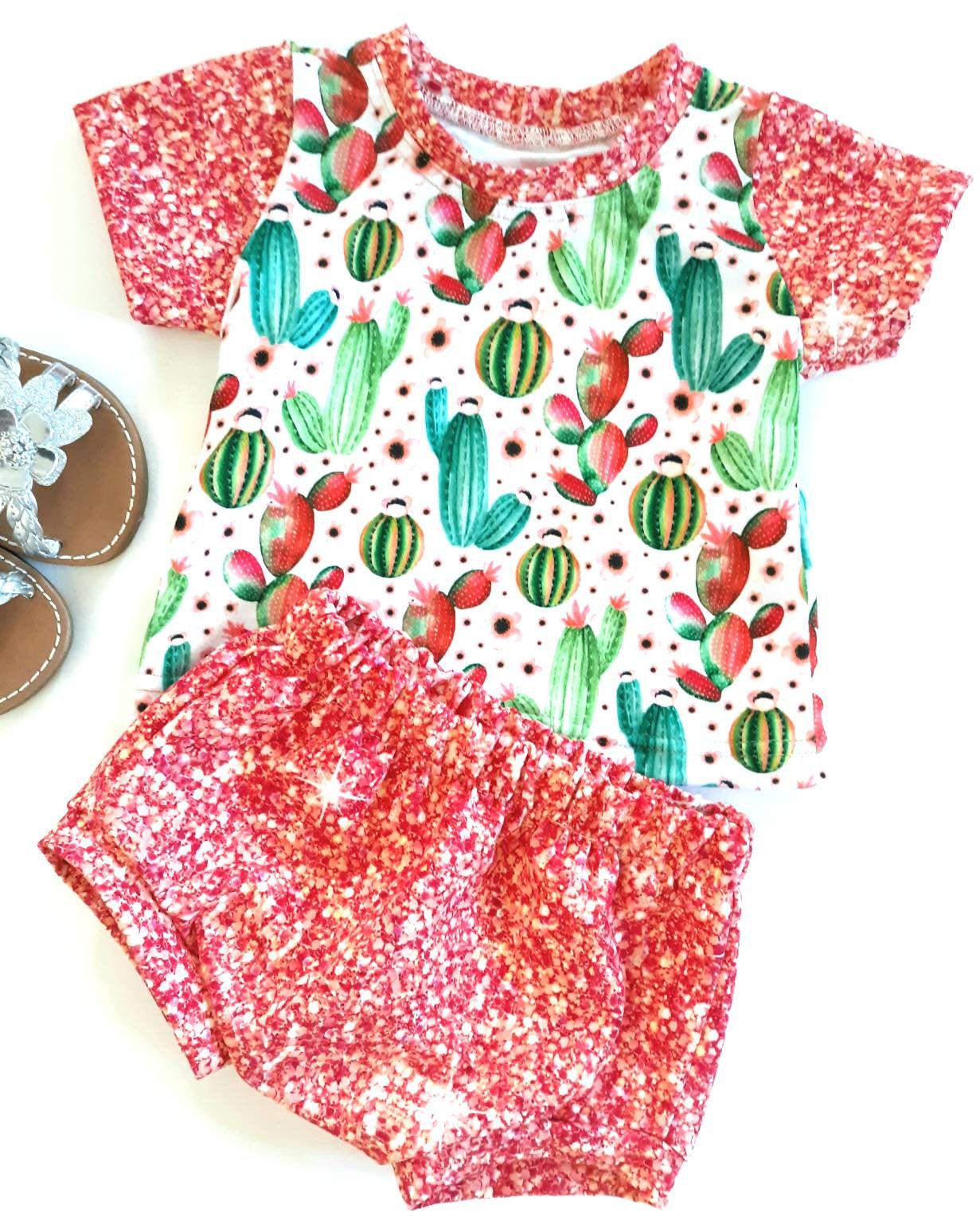 Baby girl cactus and faux glitter t-shirt and bummies set